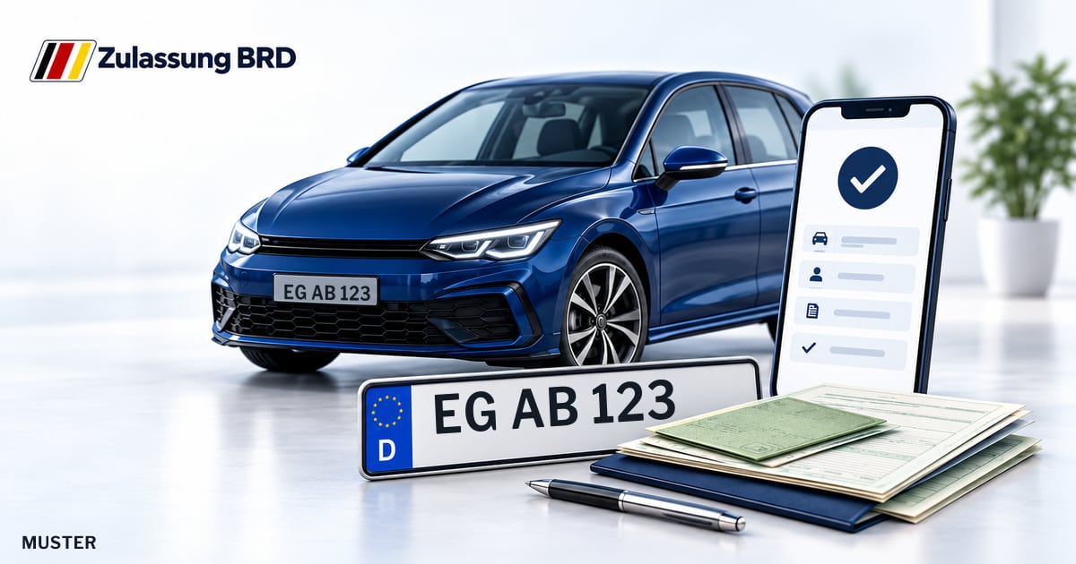 Online Fahrzeugzulassung in Eggenfelden: Musterkennzeichen EG AB 123, Auto und Fahrzeugpapiere und Smartphone. Illustration mit Logo von Zulassung BRD.